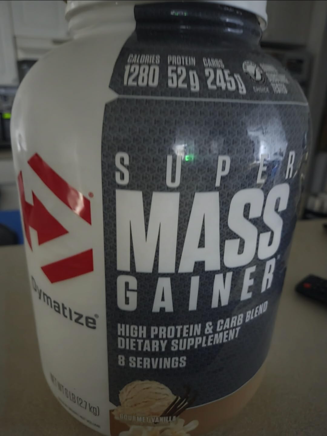 Dymatize Super Mass Gainer Protein Powder, Gourmet Vanilla, 52g Protein, 1g Creatine, 1280 Calories, 10.7g BCAAs, 245g Carbs, Contains Whey Protein Powder, Isolate, and Casein (8 Servings) customer photo 1