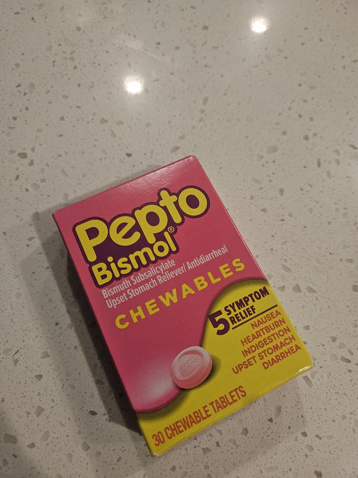 Pepto Bismol Chewable Tablets, Upset Stomach Relief, Nausea Relief, Heartburn Relief, Indigestion Relief, Anti Diarrhea Medication for Adults - 5 Symptom Relief, 48 ct customer photo 1