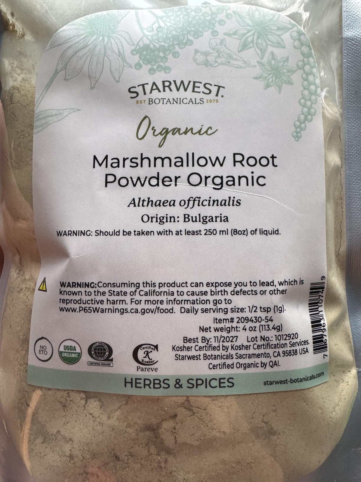 Starwest Botanicals Organic Marshmallow Root Powder - Dried Herb for Tea & Herbal Blends, Certified Kosher, Non-GMO - 4 oz Pouch customer photo 1