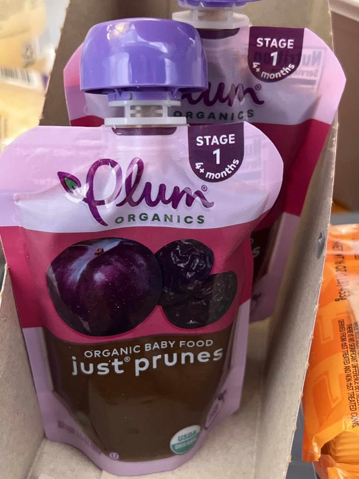 Plum Organics - 4+ Months Organic Baby Food Pouches - Just Punes - Non-GMO - Fruit & Veggie Blends On-The-Go Pouches for Baby & Toddler Meals - Quality Tested Ingredients - 3.5 oz (Pack Of 12) customer photo 2