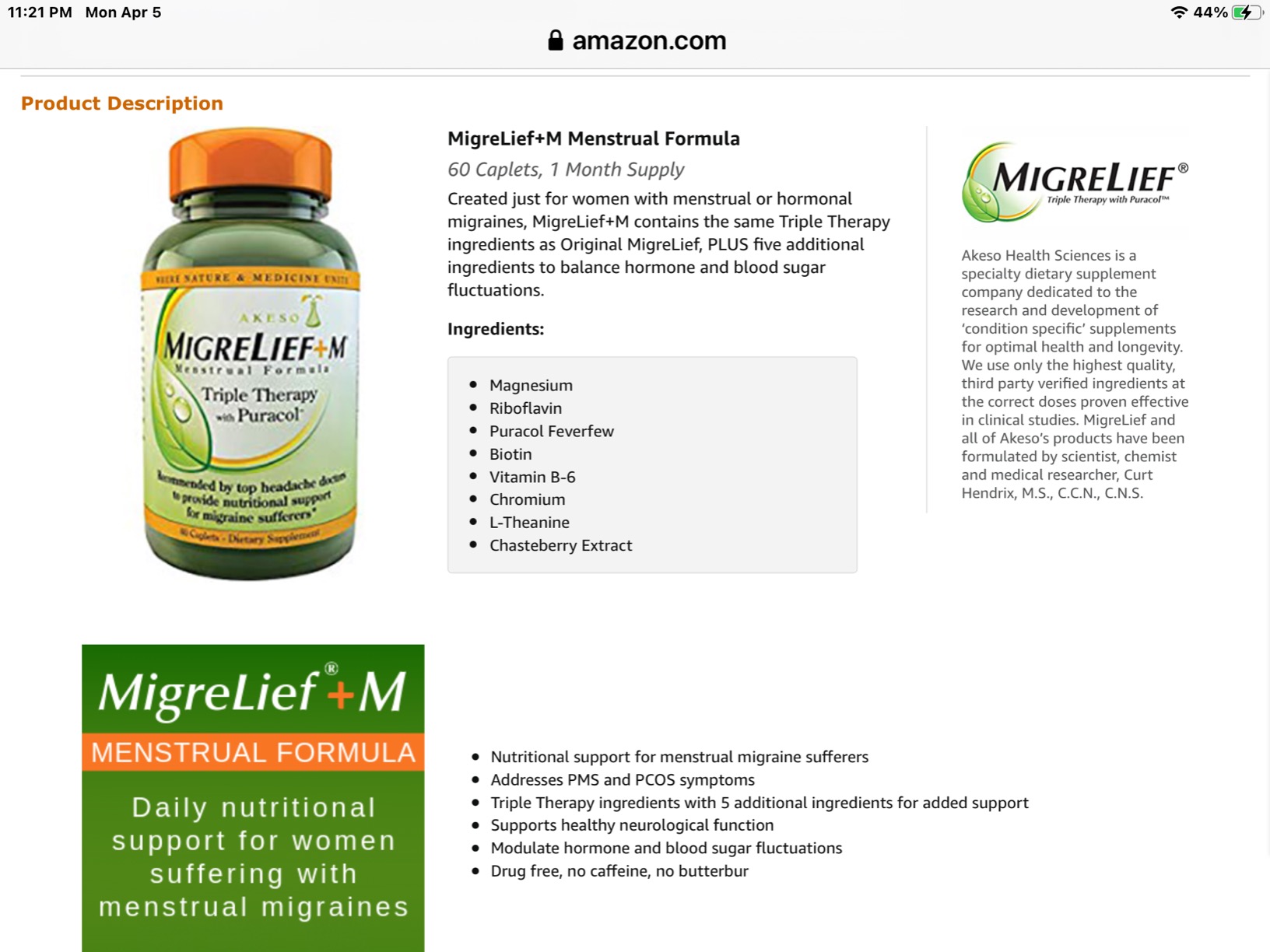 MigreLief+M - Advanced Nutritional Support Supplement for Women's Neurological Health and Head Comfort - 60 Caplets (1-Month Supply) customer photo 1