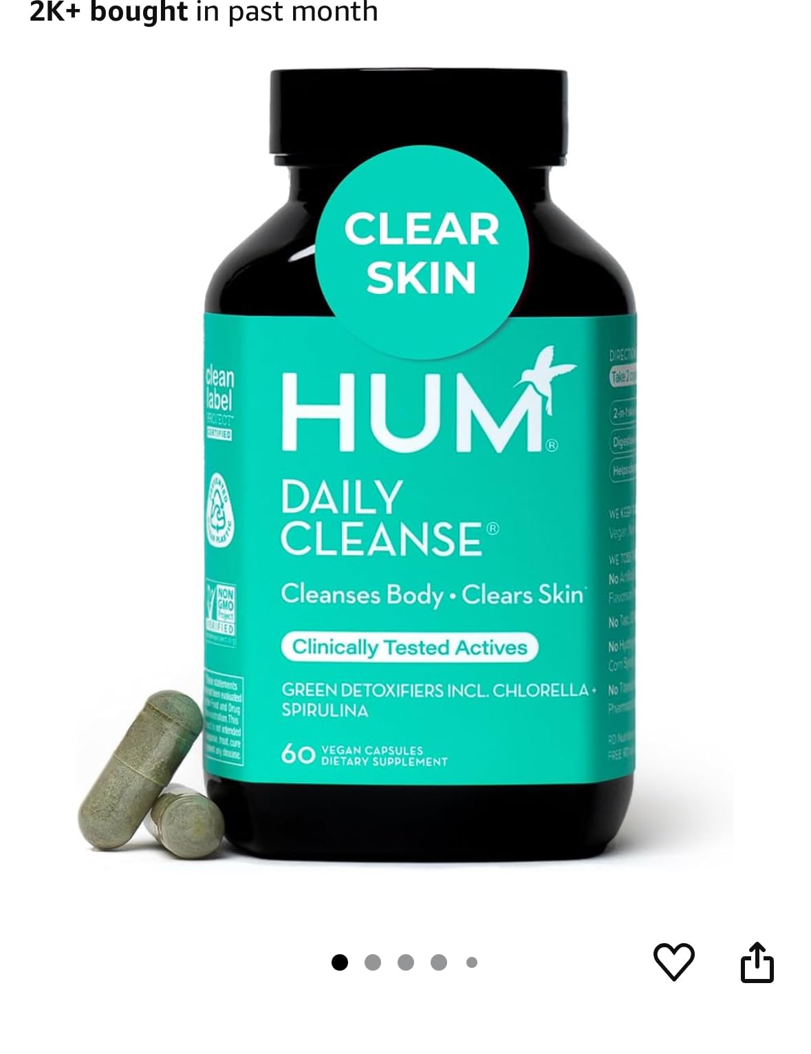 HUM Daily Cleanse Acne Supplements for Women & Men, Gentle Digestive Cleanse for Clear Skin Support, Zinc, Spirulina, Chlorella, Detoxifying Herbs, Organic Algae, Skin Vitamins Supplement, 60 Capsules customer photo 1