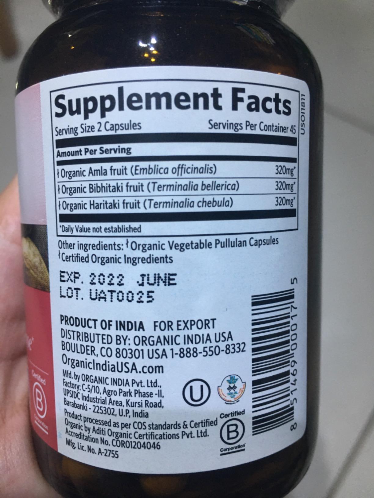 ORGANIC INDIA Triphala Capsules Organic - Herbal Supplement with Amla, Bibhitaki, Haritaki, Digestion & Colon Support, Immune System Support, Adaptogen, Vegan, USDA Certified Organic - 180 Capsules customer photo 2