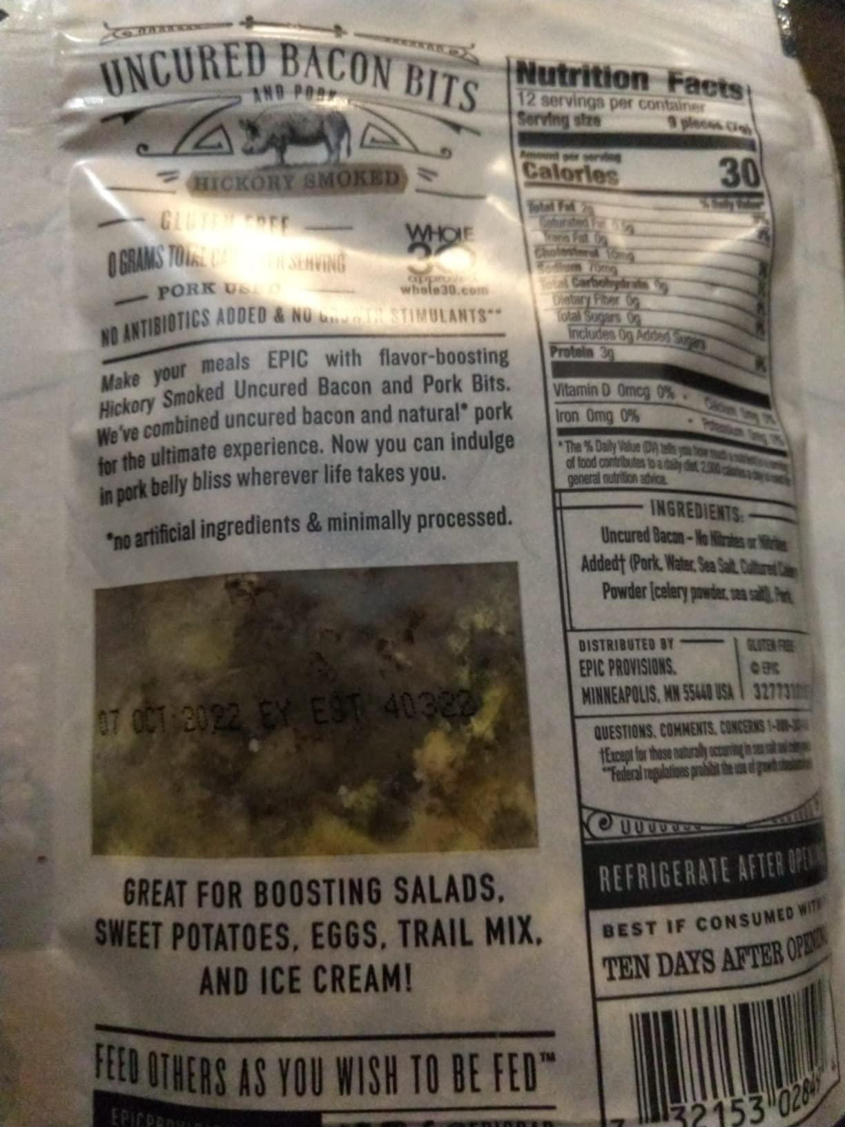 EPIC Uncured Bacon Bits and Pork, Hickory Smoked, Keto and Paleo Friendly, Whole30 Approved, Gluten Free, 3 oz customer photo 1