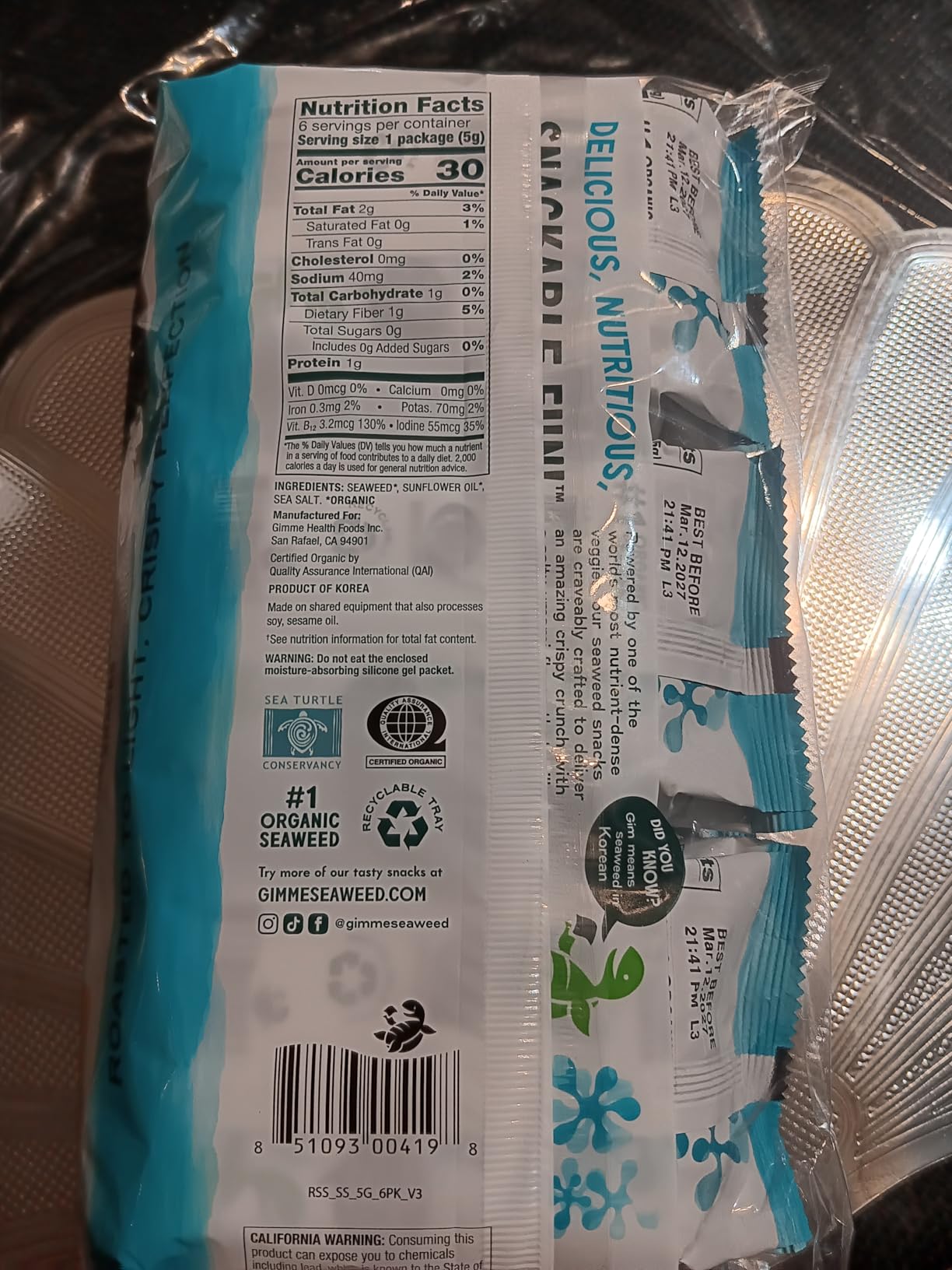 Gimme Seaweed Organic Premium Roasted Seaweed Snacks, Sea Salt, 6 Count, Keto, Vegan, Gluten-Free customer photo 2