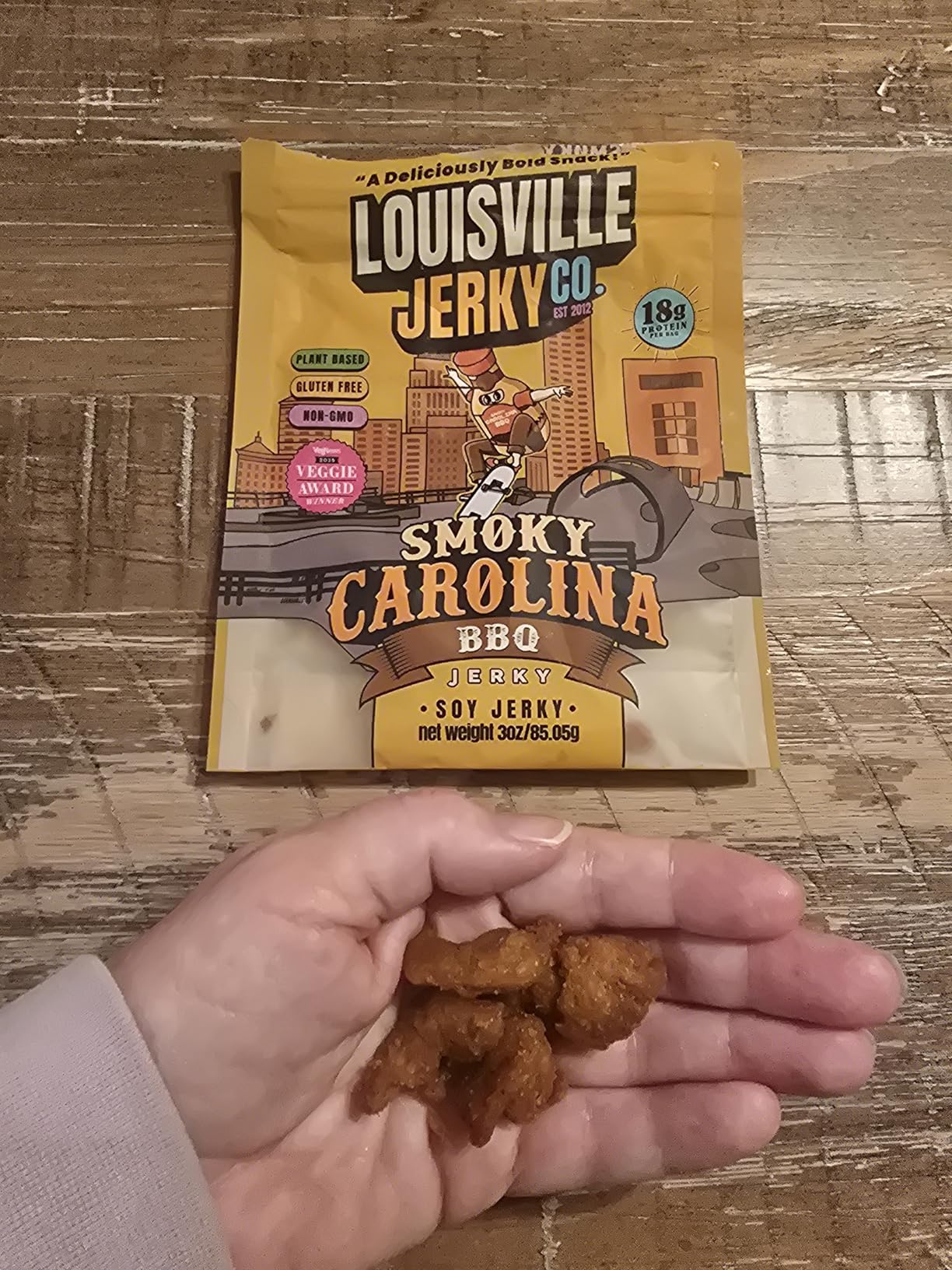 Louisville Jerky Co. Sweet & Smoky Carolina Mustard BBQ Vegan Jerky, Plant Based Protein Snack (3 Ounce, 1-Pack) - Smoky Southern BBQ Flavor, Gluten-Free, Vegetarian customer photo 1