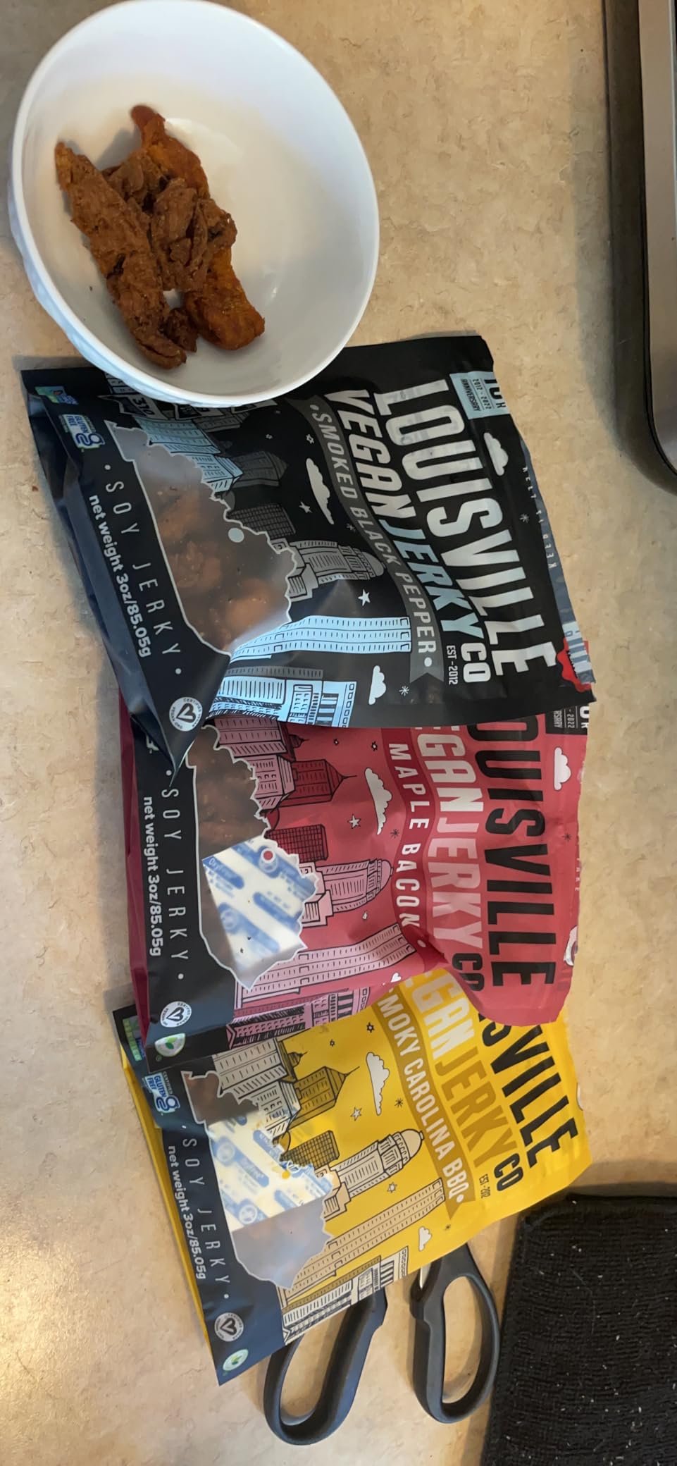 Louisville Vegan Jerky Co. Best Sellers 1 Variety Bundle Vegan Jerky 3 oz. 3 pack (Smoky Carolina BBQ, Smoked Black Pepper, Maple Bacon) customer photo 2