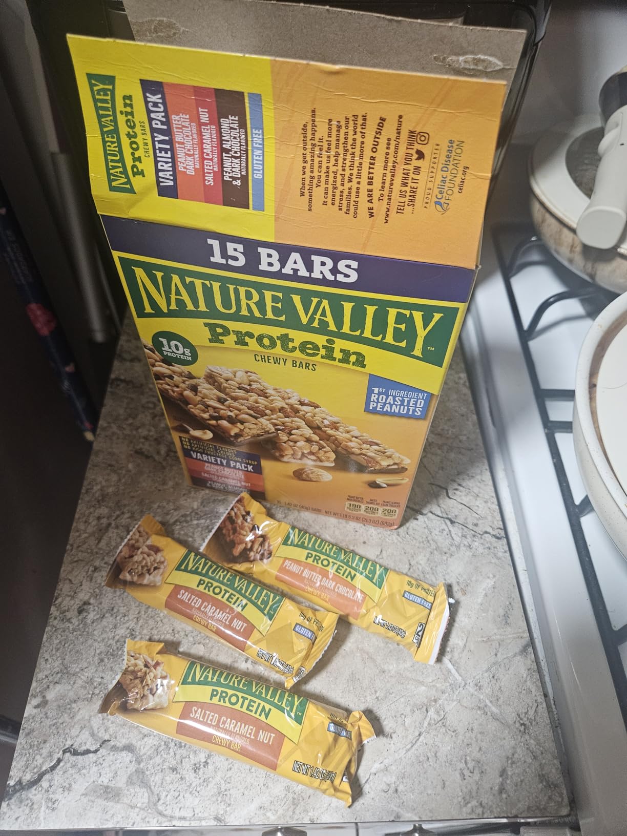 Nature Valley Protein Bars Variety Pack, Gluten Free Chewy Granola Snack Bars, 10g Protein, Peanut Butter Dark Chocolate, Salted Caramel Nut, Peanut Almond Dark Chocolate, 15 Count, 21.3 oz Box customer photo 1