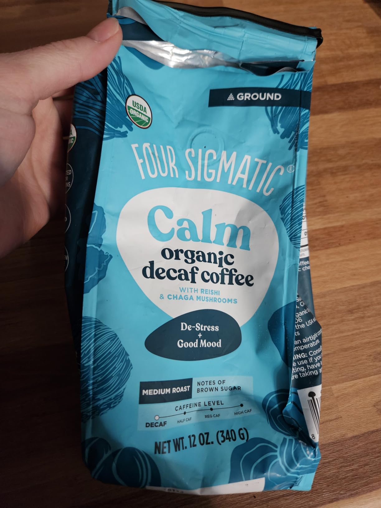 Four Sigmatic Calm Organic Decaf Ground Coffee | Swiss Water Decaf Coffee with Chaga & Reishi Mushroom Extracts | 12oz Bag customer photo 2