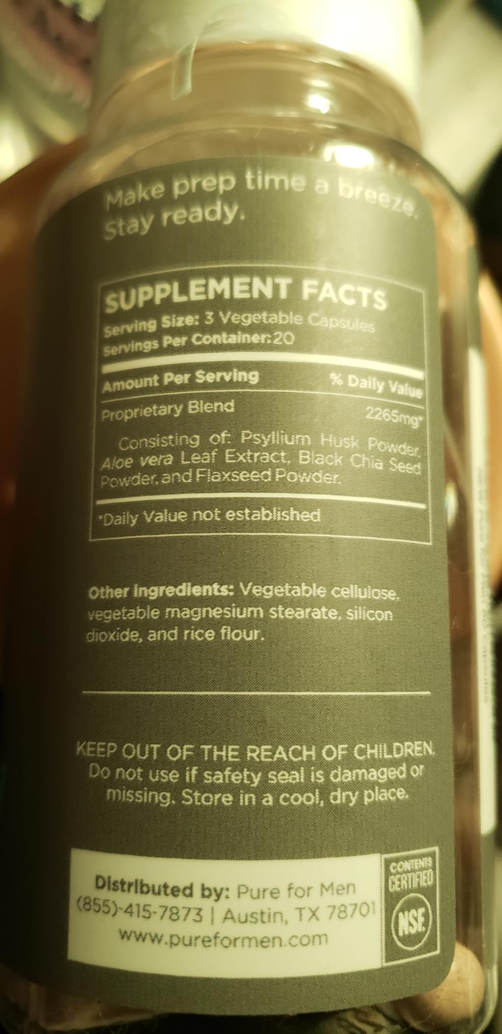 Pure for Men Original Vegan Cleanliness Stay Ready Fiber Supplement | Helps Promote Digestive Regularity | Psyllium Husk, Aloe Vera, Chia Seeds, Flaxseeds | 120 Vegan Capsules customer photo 2
