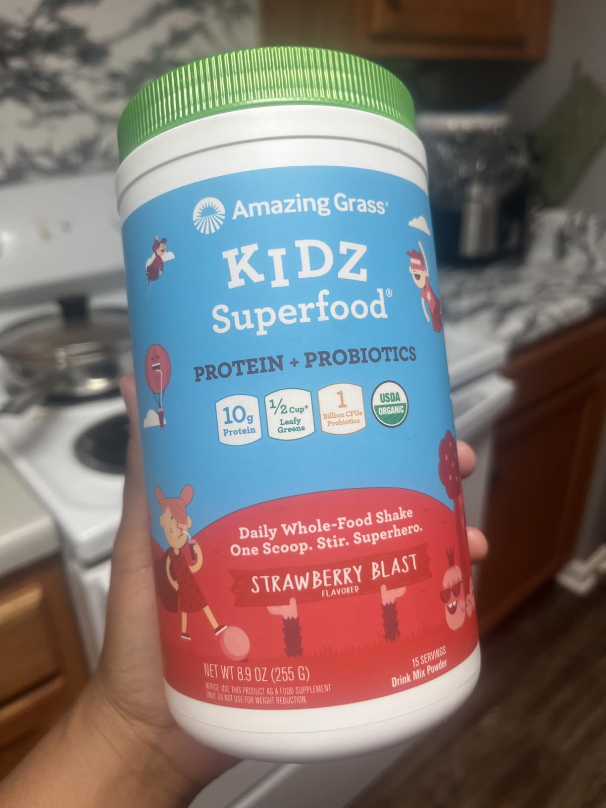 Amazing Grass Kidz Superfood: Vegan Protein & Probiotics for Kids with Beet Root Powder & 1/2 Cup of Leafy Greens, Strawberry Blast, 15 Servings customer photo 1