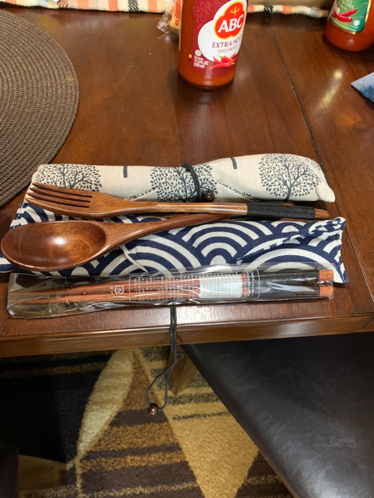 2 Sets Wooden Utensil Set, Travel Utensils for Eating, Wooden Fork Spoon Chopsticks, Reusable Portable Flatware Cutlery Set with Pouch for Lunch Camping Traveling customer photo 2