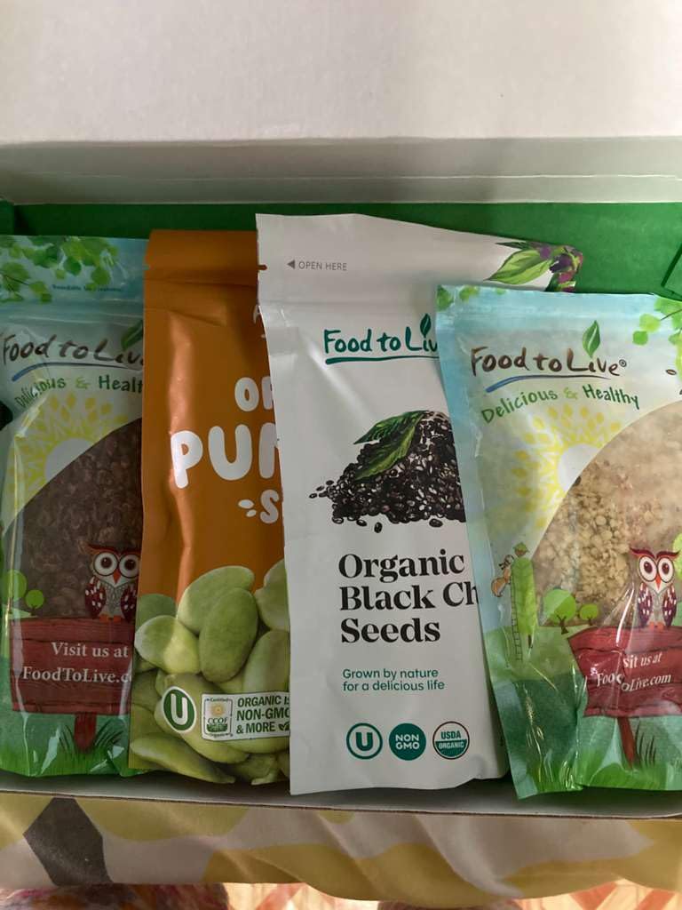 Food to Live Organic Superfoods in a Gift Box - A Variety Pack of Pumpkin Seeds, Hemp Seeds, Chia Seeds, Golden Flax Seeds, and Cacao Nibs customer photo 1
