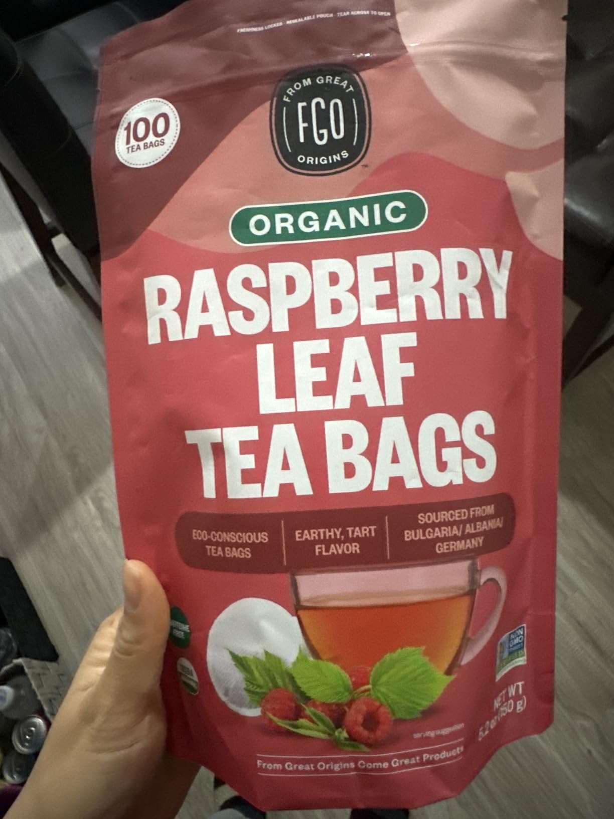 FGO Organic Red Raspberry Leaf Tea Bags, 100 Eco-Conscious Tea Bags, Caffeine Free, Imported from Germany, Resealable Bag customer photo 2
