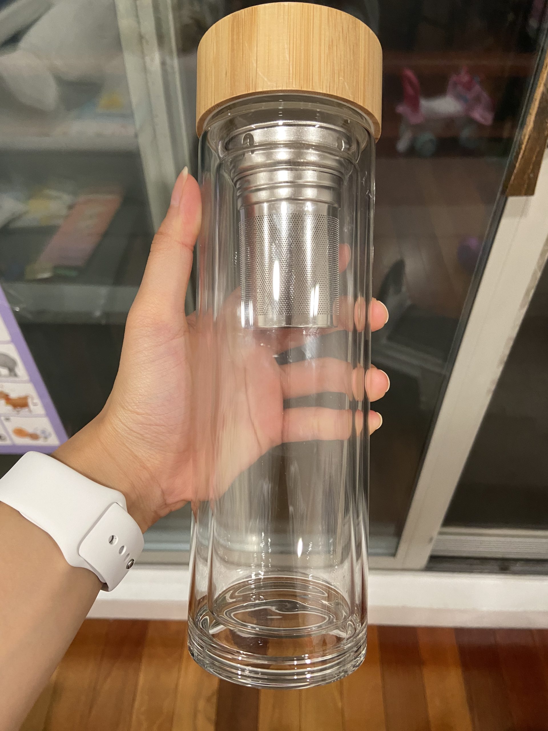 COMI Tea Bottle, 14 oz, Borosilicate Glass, Double Wall, Infuser & Strainer, Bamboo Lid, 400ml customer photo 1