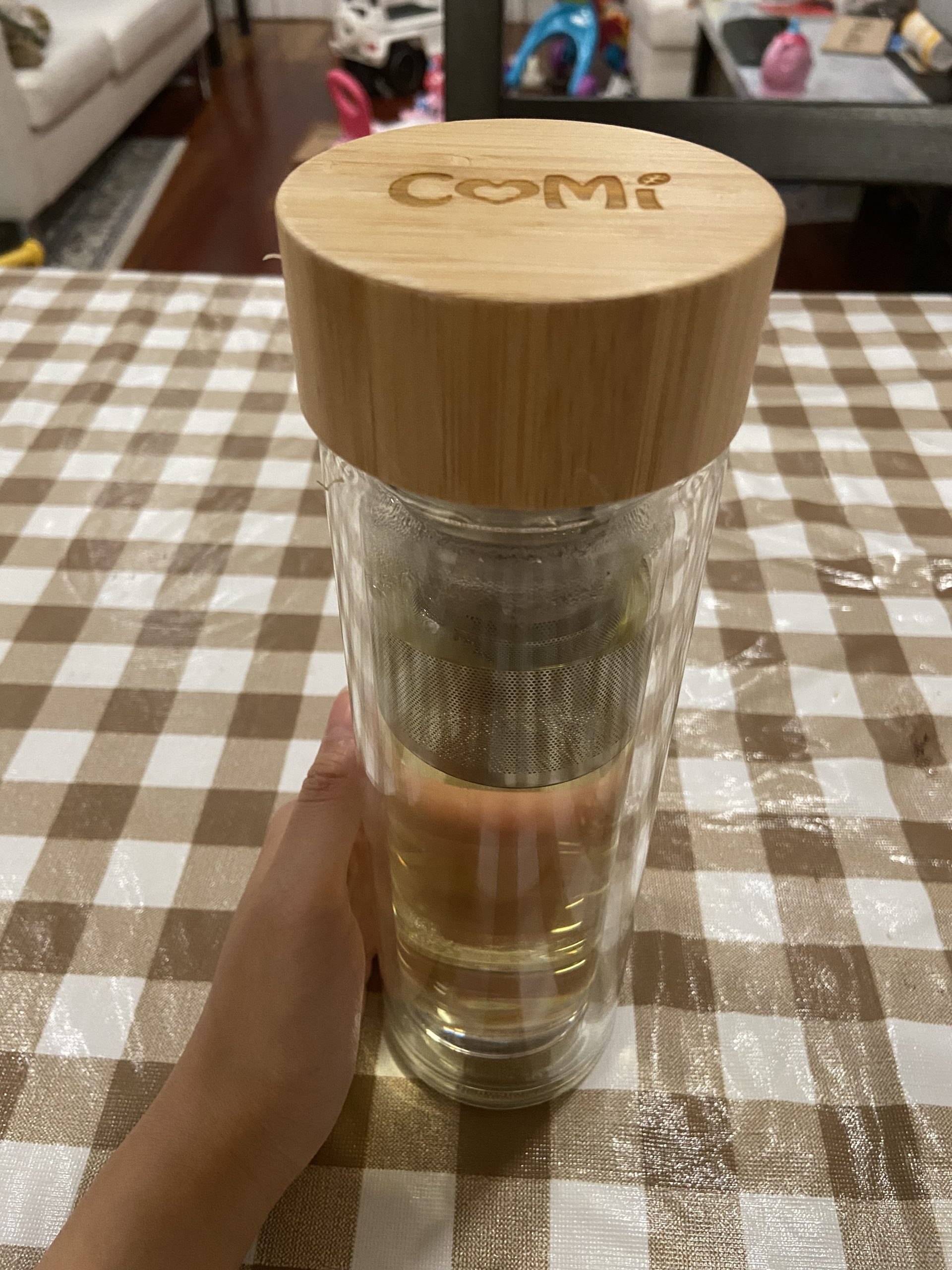 COMI Tea Bottle, 14 oz, Borosilicate Glass, Double Wall, Infuser & Strainer, Bamboo Lid, 400ml customer photo 2