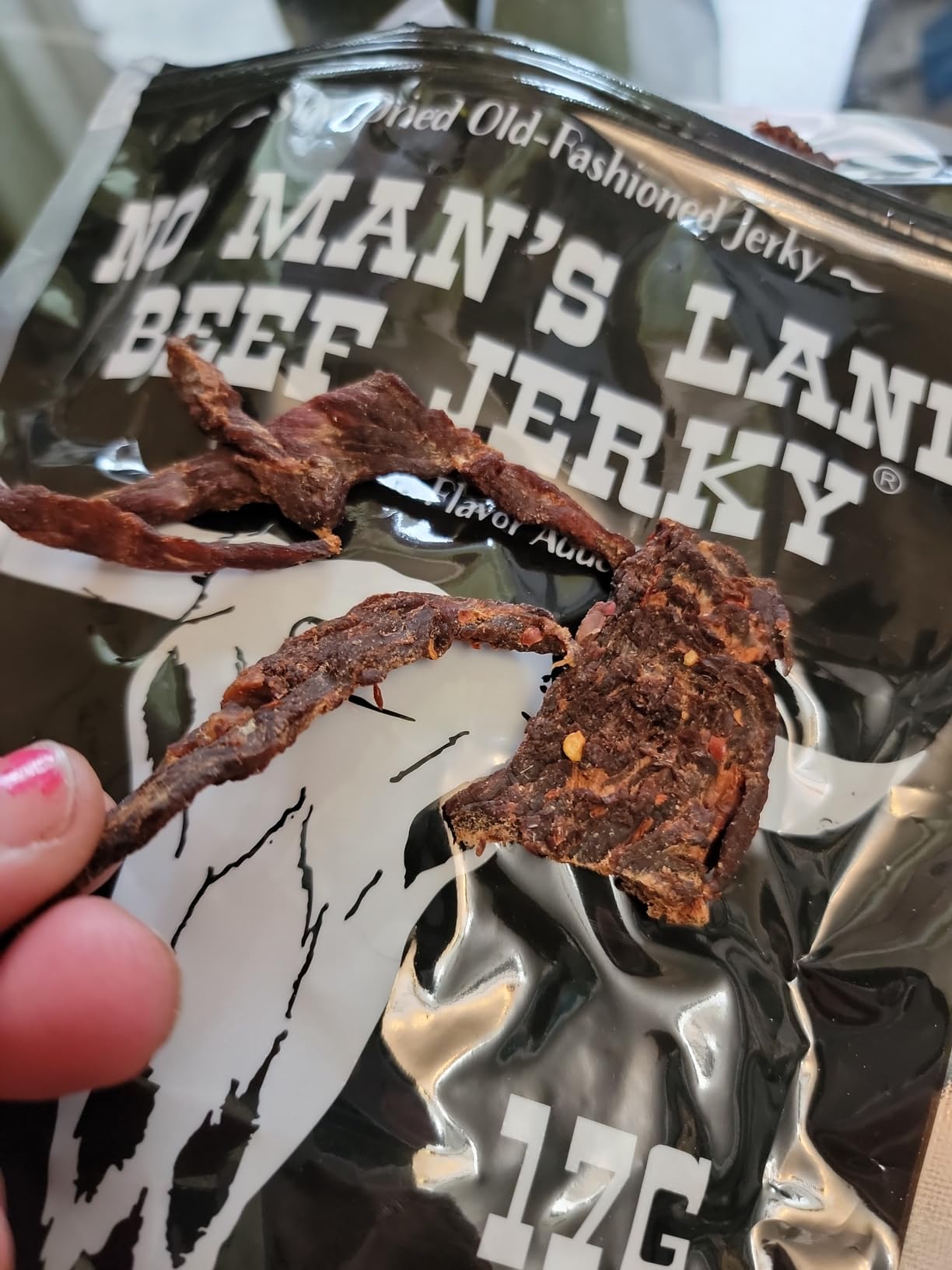 No Man's Land HOT Beef Jerky, Hand-Cut Steak, Slow-Dried, 17g Protein Per Serving, 0g Sugar, No MSG, No Nitrates, Premium Cut Spicy Jerky, Made in Oklahoma (16oz) customer photo 1