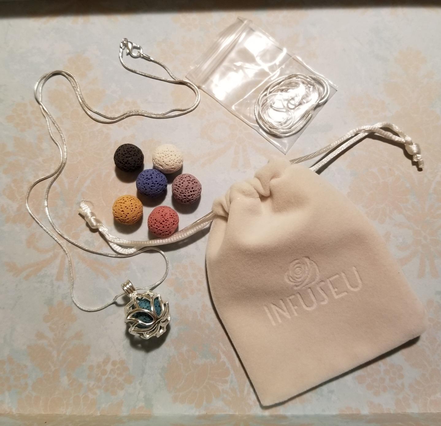 INFUSEU Essential Oil Diffuser Necklace Aromatherapy Jewelry for Women TeenGirls, Small Lotus Flower Pendant, 7 Lava Rock Stones, 24