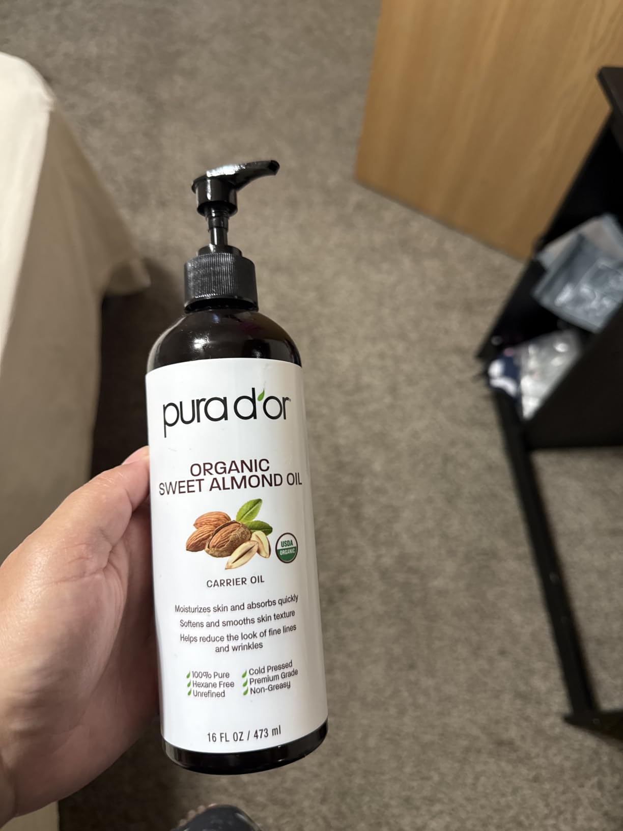 PURA D'OR ORGANIC Sweet Almond Oil (16 Oz) 100% Pure & Natural USDA Certified Cold Pressed Carrier Oil For DIY Beauty - Unscented, Hexane Free Liquid Moisturizer customer photo 1