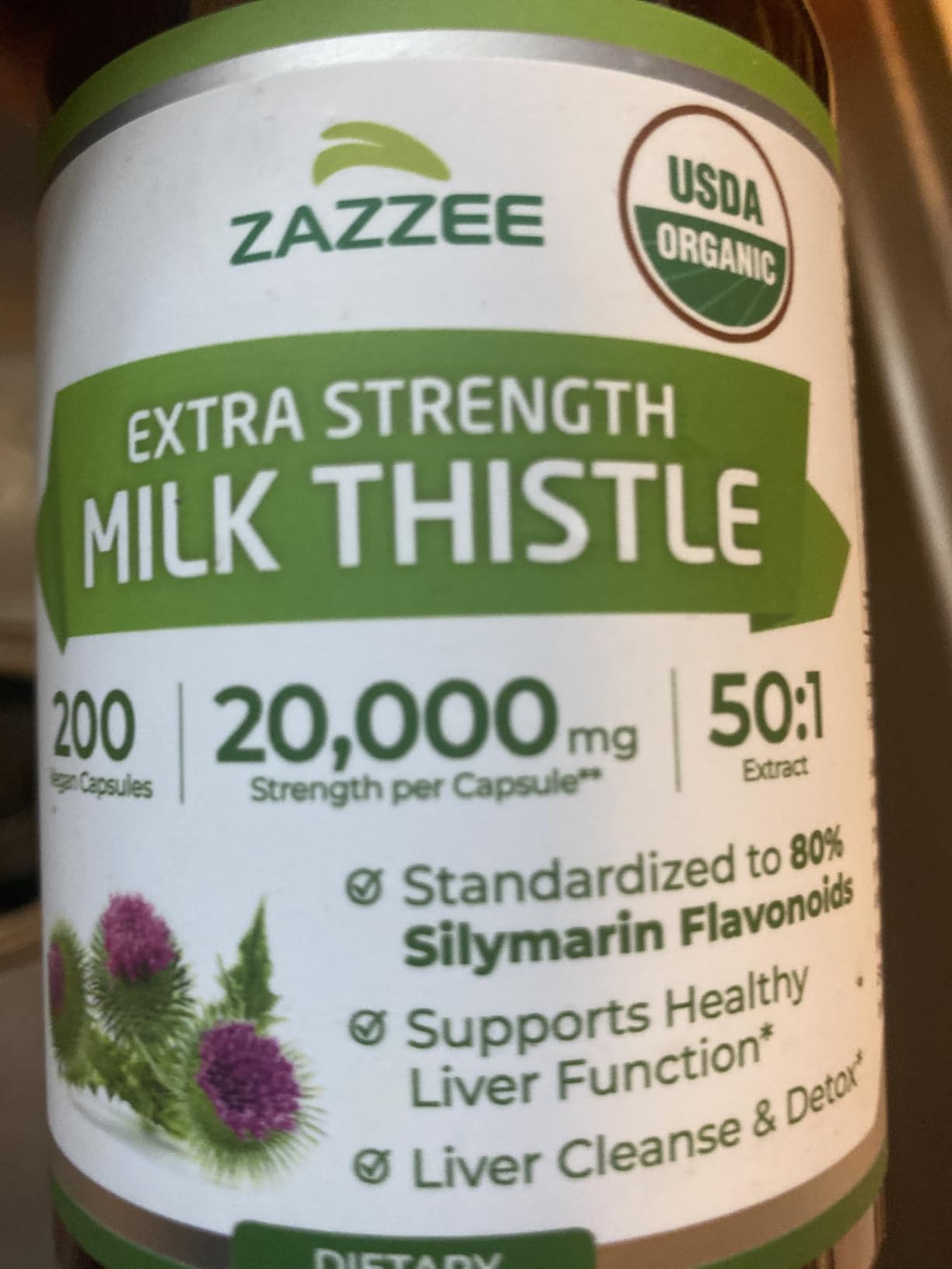 Zazzee USDA Organic Milk Thistle 50:1 Extract, 80% Silymarin Flavonoids, 200 Vegan Capsules, 6+ Month Supply, Silybum Marianum, Liver Support & Detox Support, Organic All-Natural, Non-GMO, Made in USA customer photo 1