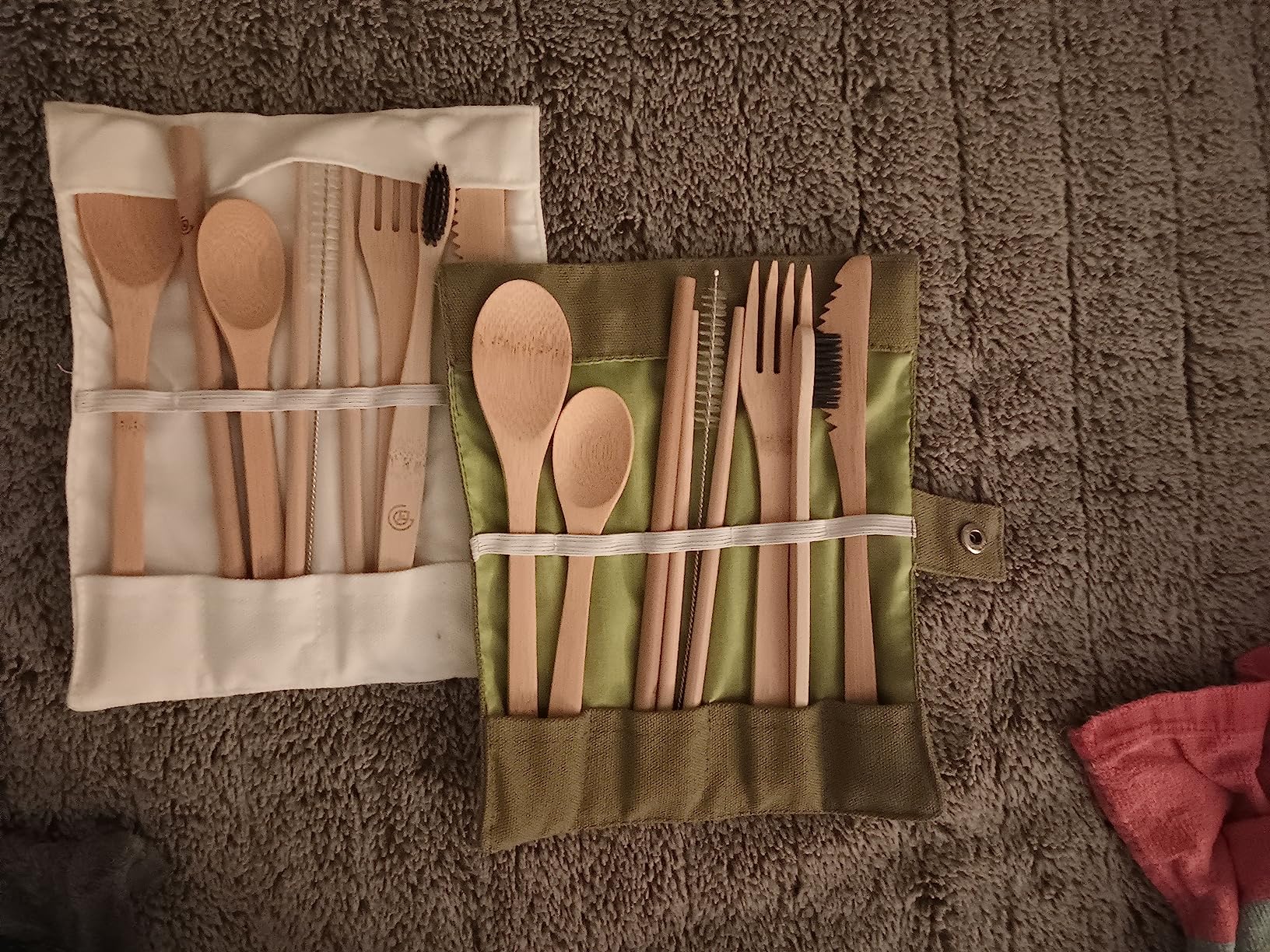 GREENZLA 2-Pack Bamboo Utensils Set - Bonus Pair of Bamboo Toothbrushes - Straw, Spoon, Fork, Knife, Teaspoon, Chopsticks, Brush & 2 Storage Bags - Reusable Cutlery Set customer photo 1