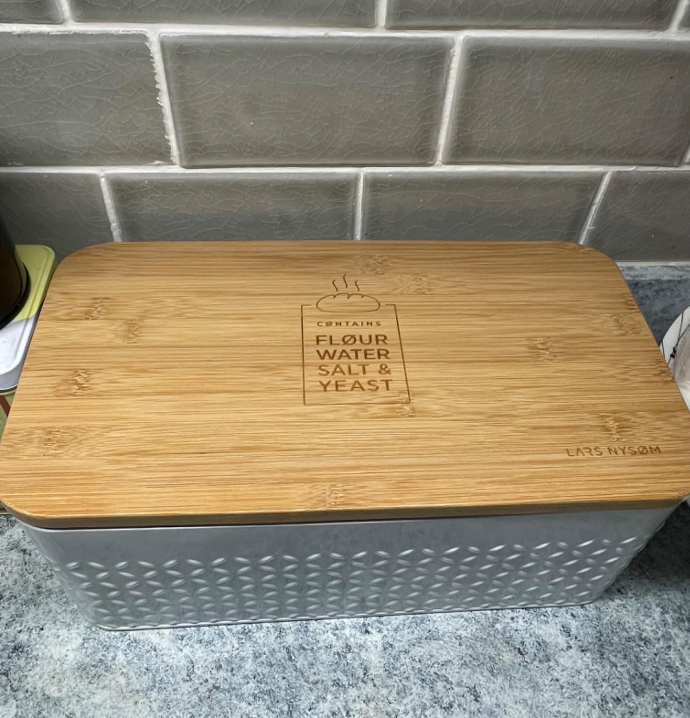 LARS NYSØM Bread Box I Metal Box for long lasting freshness I Bread Bin with bamboo lid usable as cutting board I 13.4x7.7x5.3In (Arctic White) customer photo 1