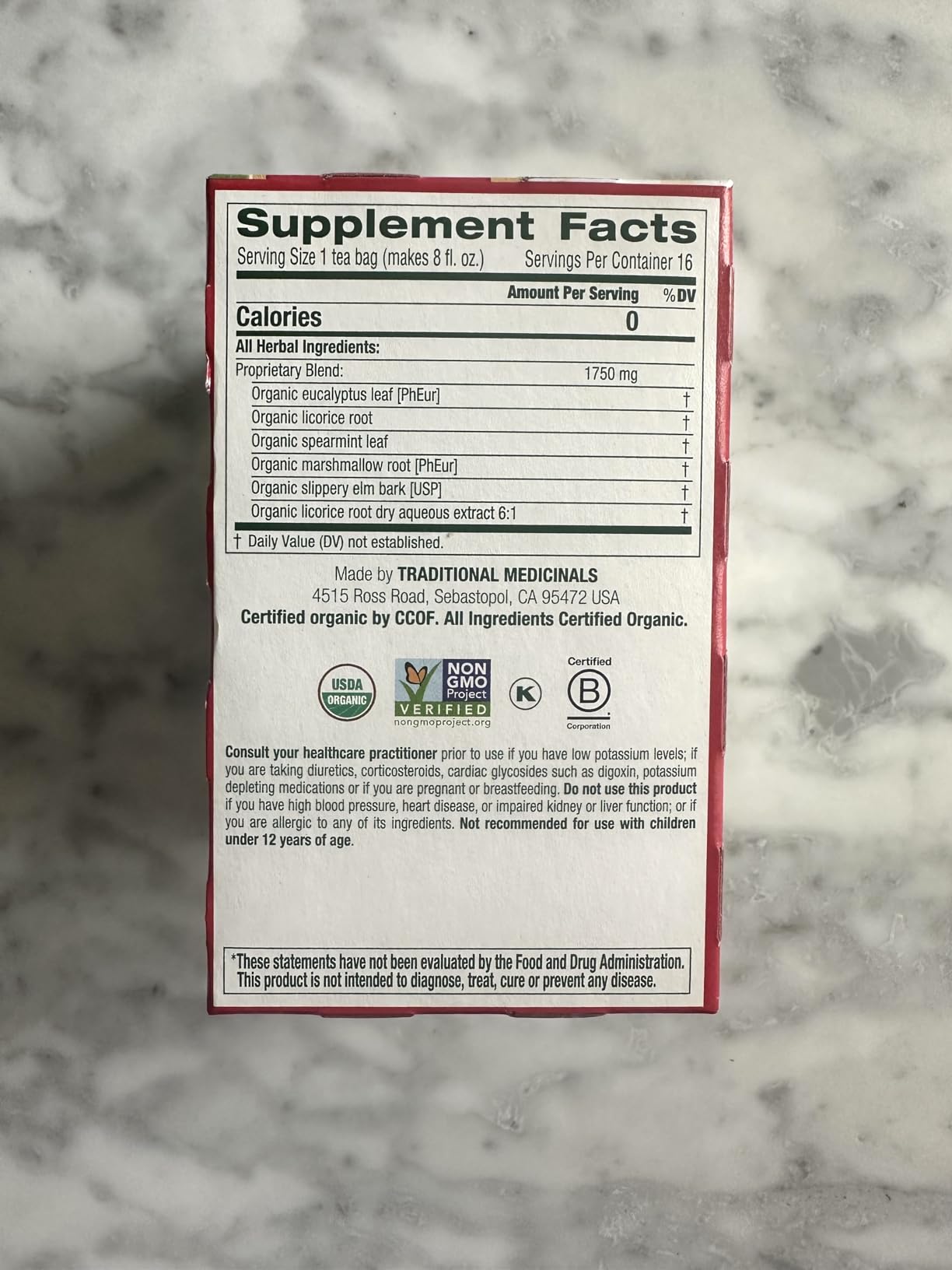 Traditional Medicinals Organic, Throat Coat Tea, Eucalyptus & Slippery Elm - Supports Respiratory and Throat Health - Kosher, Non-GMO, Caffeine-Free, Compostable - 16 Tea Bags customer photo 1