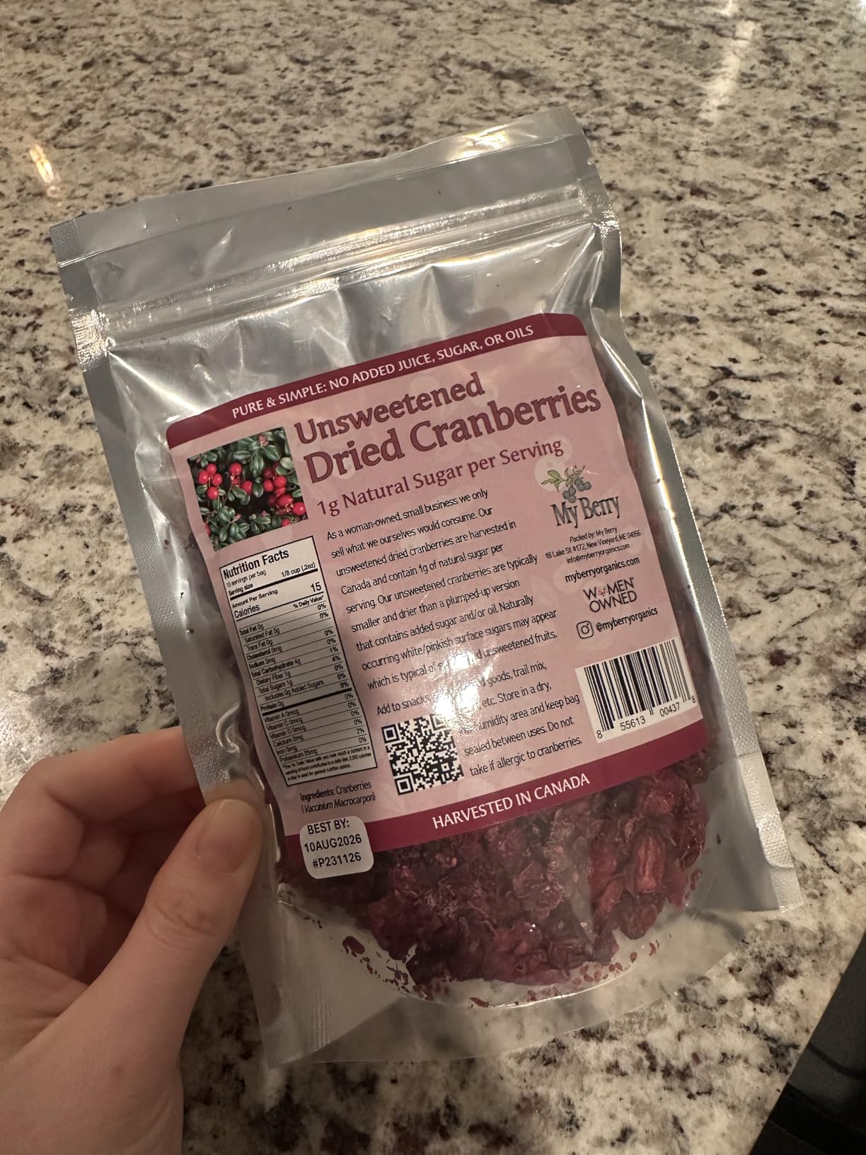 Unsweetened Dried Cranberries by My Berry | 3oz | Naturally Tart: 1g Natural Sugar Per Serving | Non-GMO | No Added Sugar, Juice or Oils | More Berries Per Ounce Than Sweetened Berries | Canadian Grown | Woman-Owned Small Company customer photo 2