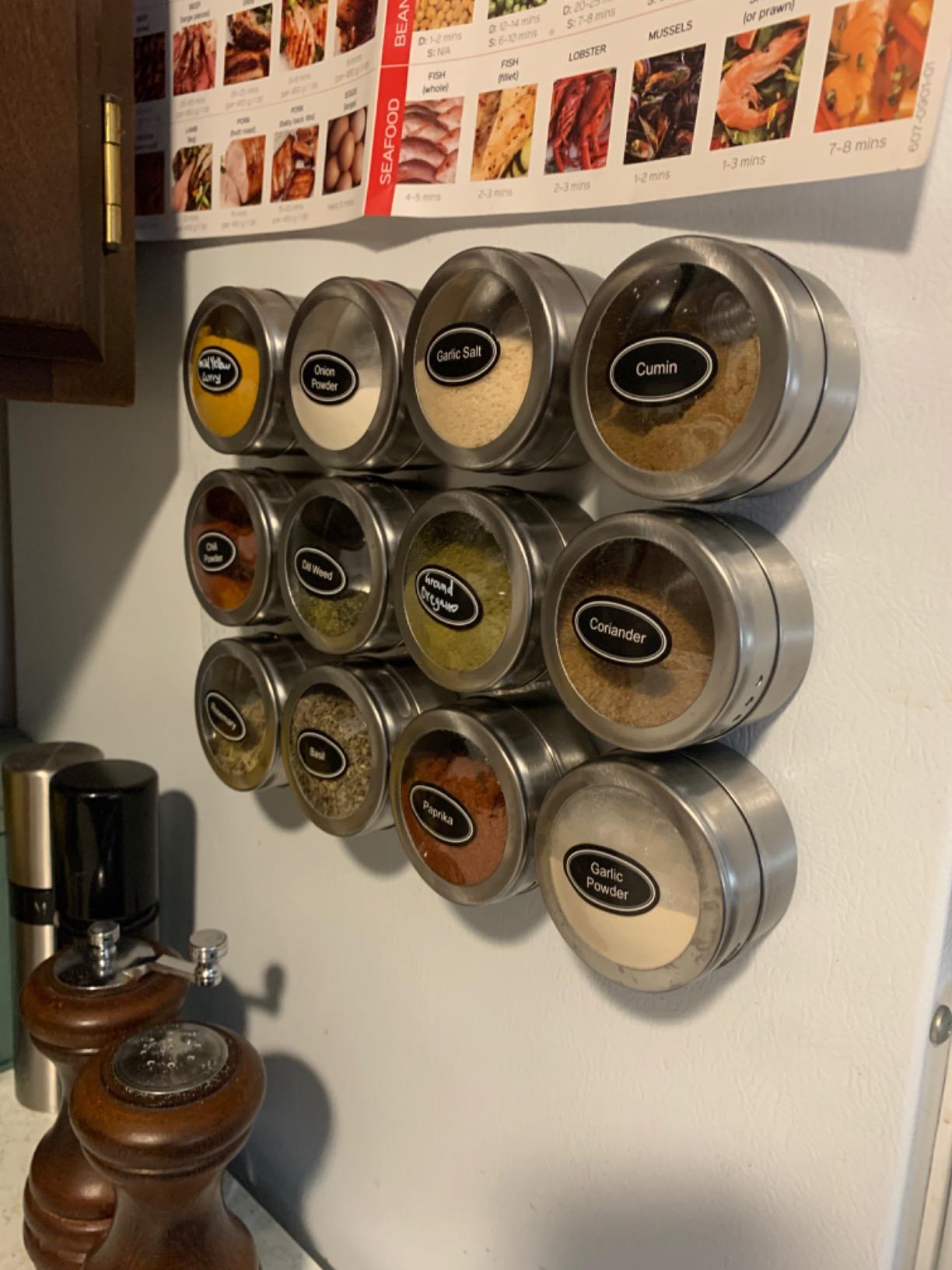 Magnetic Spice Jars,12 Pcs Stainless Steel Spice Tins with Lid and Small Holes for Sprinkle Rust Free Easy to Clean Includes 94 Labeling Stickers customer photo 1