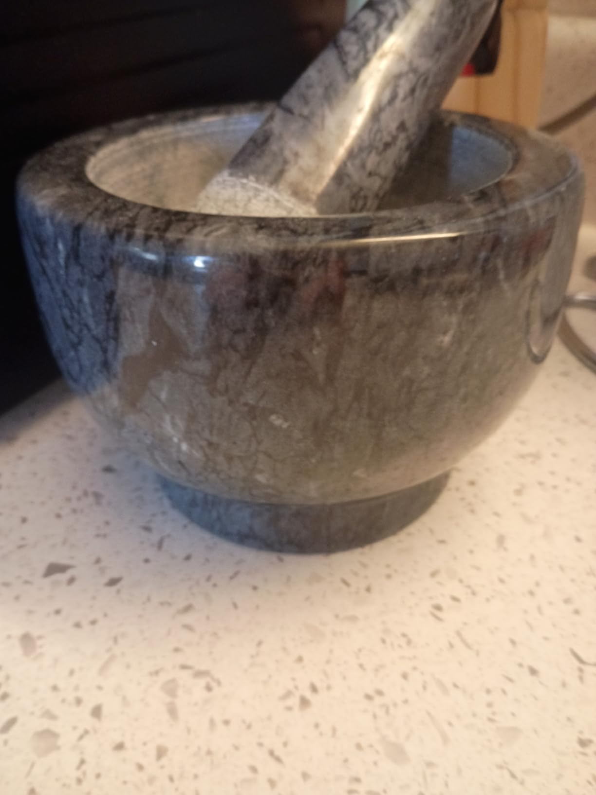 Mortar and Pestle Set Polished Natural Marble Guacamole Molcajete Bowl, Spices Grinder with Silicone Pad, Stainless Steel Spoon and Brush, 300ml Capacity Crusher(Medium, Dark Gray) customer photo 2