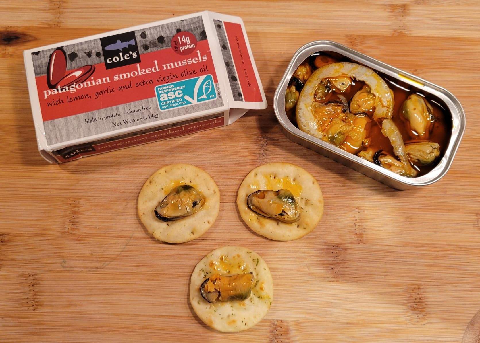 Cole’s Patagonian Smoked Mussels Canned in Extra Virgin Olive Oil | 4oz Hand-Packed Tinned Mussels | 14g Protein | Pack of 5 customer photo 1
