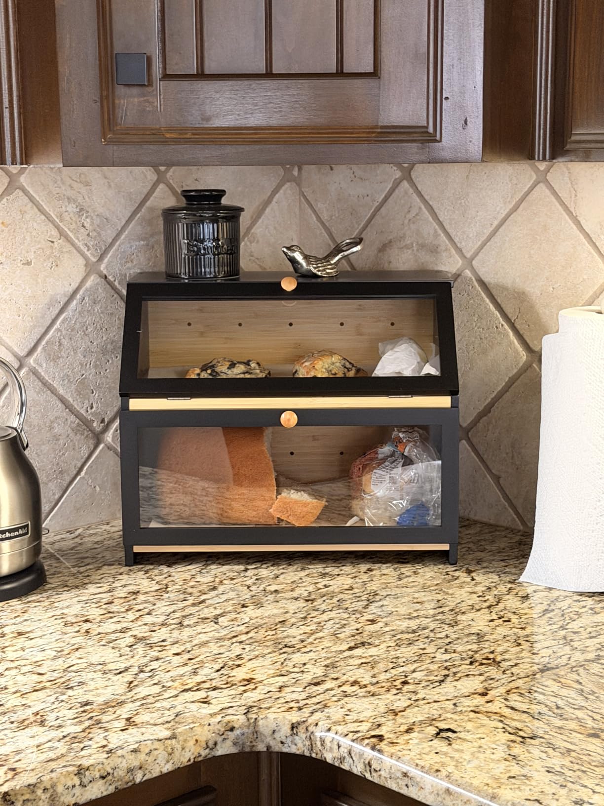 HOMEKOKO Double Layer Large Bread Box for Kitchen Counter, Wooden Large Capacity Bread Storage Bin (Black) customer photo 1