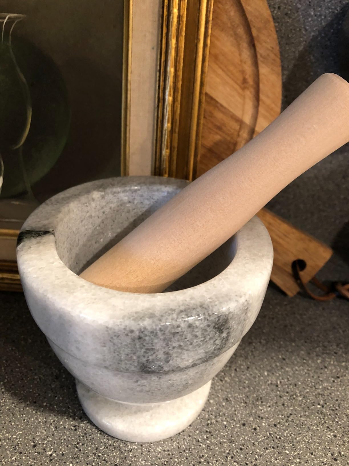 Mortar and Pestle Marble Set for Spices Pestos Seasonings Pastes Guacamole Bowl Herb Grinder Easy to Clean Included:Silicone Mat,Brush,Stainless Steel Spoon 4.33inch(Small,Black Gray) customer photo 1