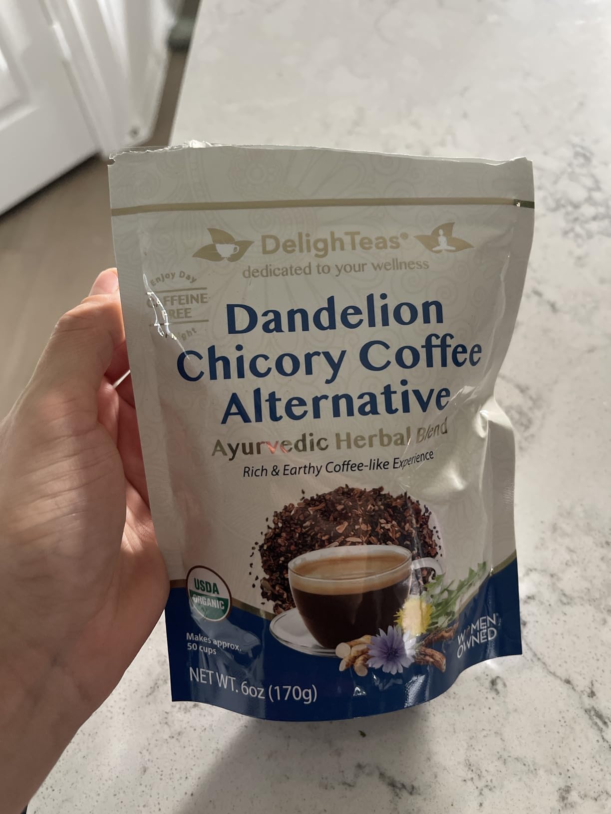 DelighTeas Organic Coffee Alternative | Ayurvedic Herbal Chicory Dandelion Coffee | Coffee Substitute | USDA Organic, Caffeine Free, Gluten Free | With Sweet Notes of Carob | 50 servings, 6oz. customer photo 1