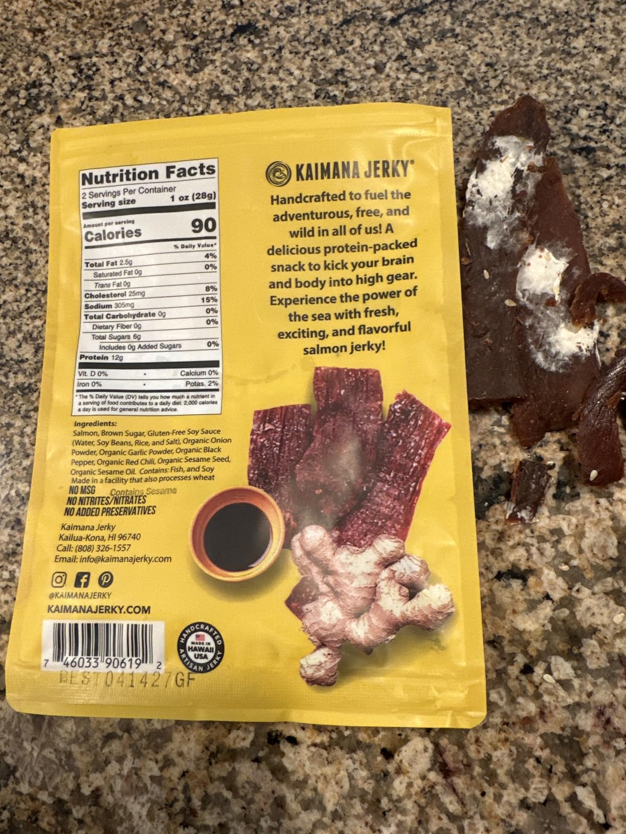 Kaimana Jerky Wild Caught Salmon Jerky - Organic Sweet & Savory Dried Fish Strips Rich in Omega-3 & Protein - Low-Calorie Seafood Snack with No Gluten, Less Sodium & Sugar - Teriyaki Flavor - 2oz Pack customer photo 1