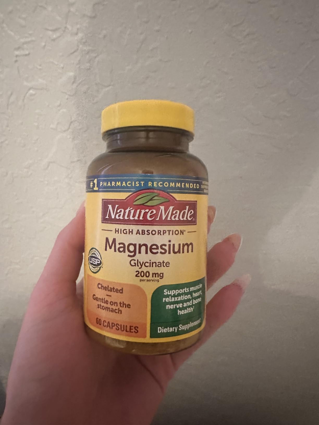 Nature Made Magnesium Glycinate 200 mg per Serving, Magnesium Supplement for Muscle, Heart, Nerve and Bone Support, 60 Magnesium Bisglycinate Capsules, 30 Day Supply customer photo 1