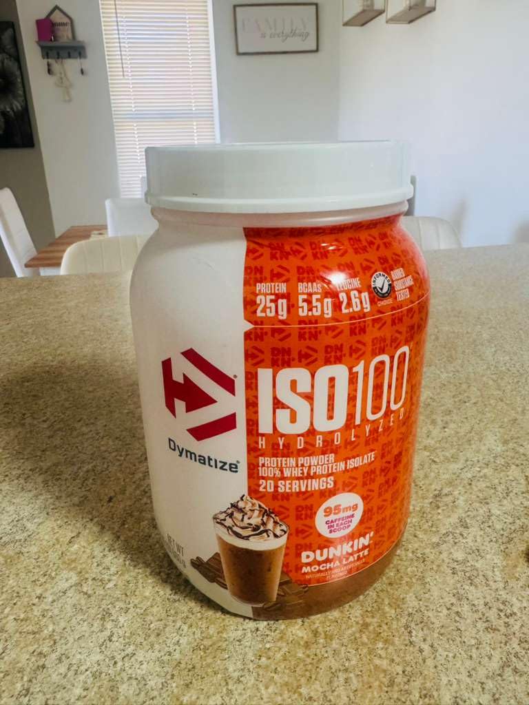Dymatize x Dunkin' Mocha Latte ISO100 Whey Protein Powder, 95mg Caffeine, 25g of Protein, 20 Servings, 5.5g BCAAs, 120 Cal., Gluten Free, 1g Fat, 1g Sugar, 3g Carb customer photo 2