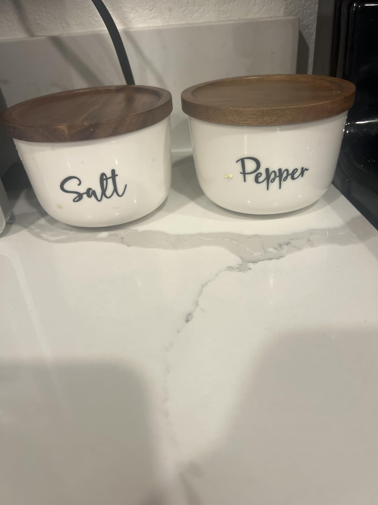 DAYYET Salt and Pepper Bowls, 10 oz Salt Cellar with Lid, Stacked Ceramic Salt Pepper Container with Acacia Wood Lid, Salt Box for Countertop, Modern Kitchen Decor, Set of 2, White customer photo 1