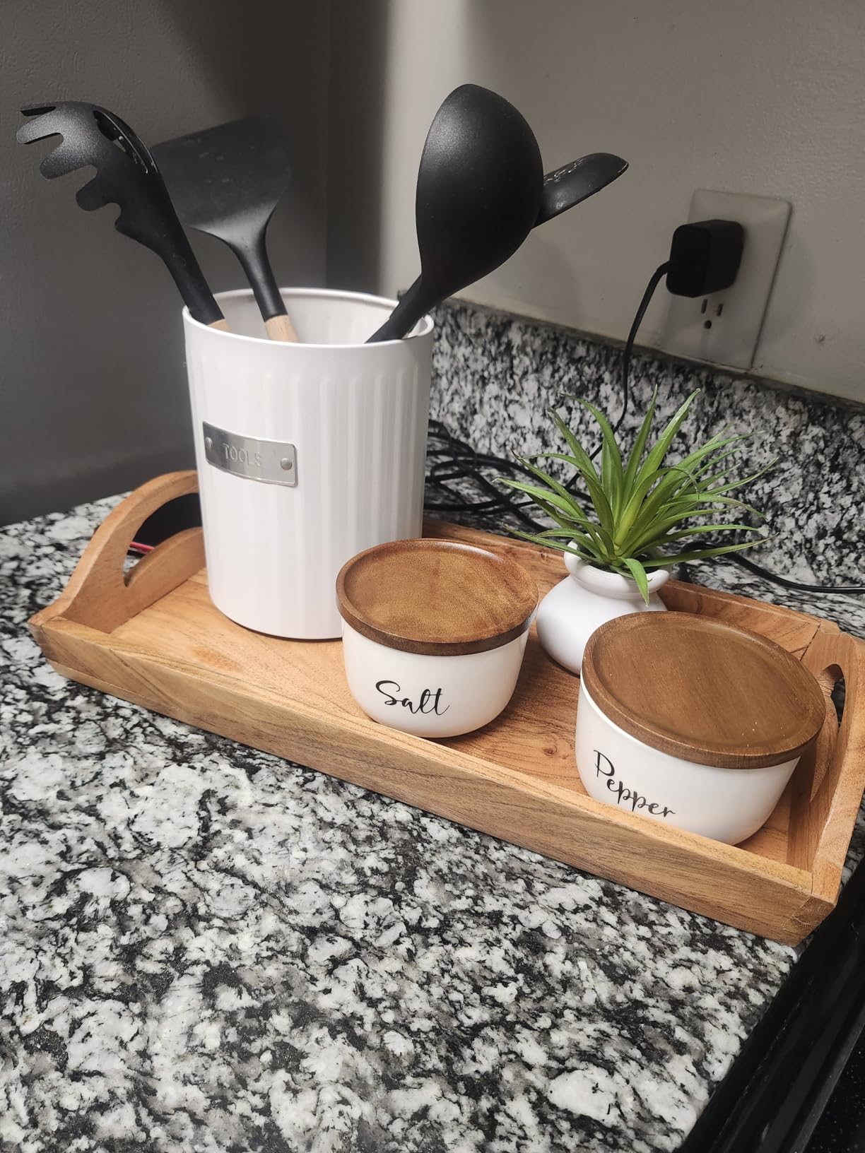 DAYYET Salt and Pepper Bowls, 10 oz Salt Cellar with Lid, Stacked Ceramic Salt Pepper Container with Acacia Wood Lid, Salt Box for Countertop, Modern Kitchen Decor, Set of 2, White customer photo 2