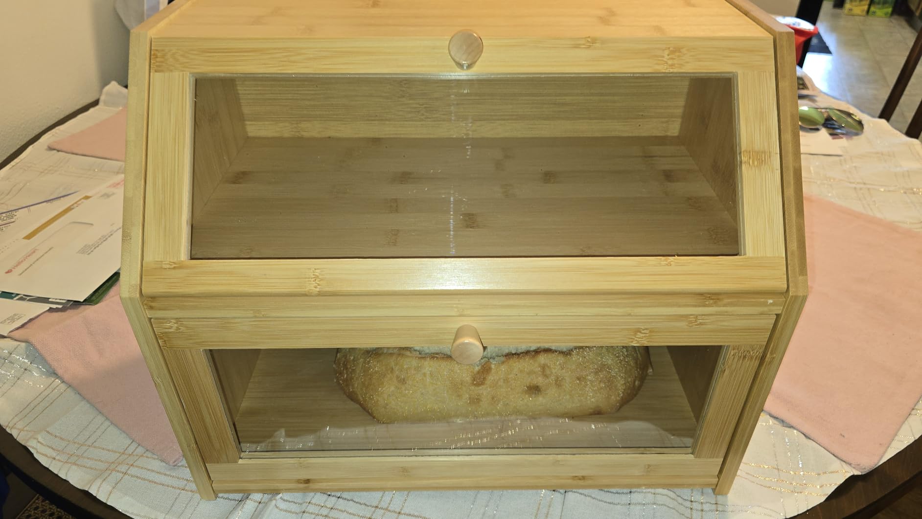 BMOSU Farmhouse Bread Box for Kitchen Countertop Bread box Double Layer Bamboo Wooden Extra Large Capacity Bin Kitchen Food Storage Container(Natural) customer photo 1