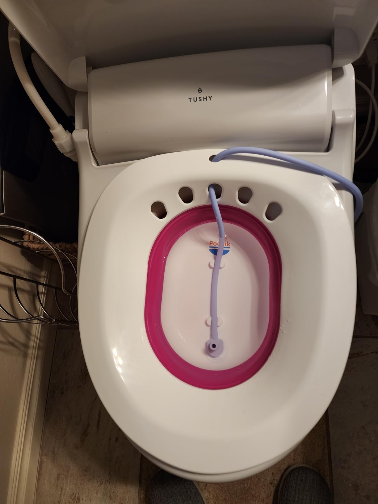 Pochik Sitz Bath for Toilet Seat Hemorrhoids and Postpartum Care, Yoni Steam Seat, Perineal Soaking, Collapsible, Flusher Hose, Drain Holes, Wider Seating Area - Blue customer photo 1