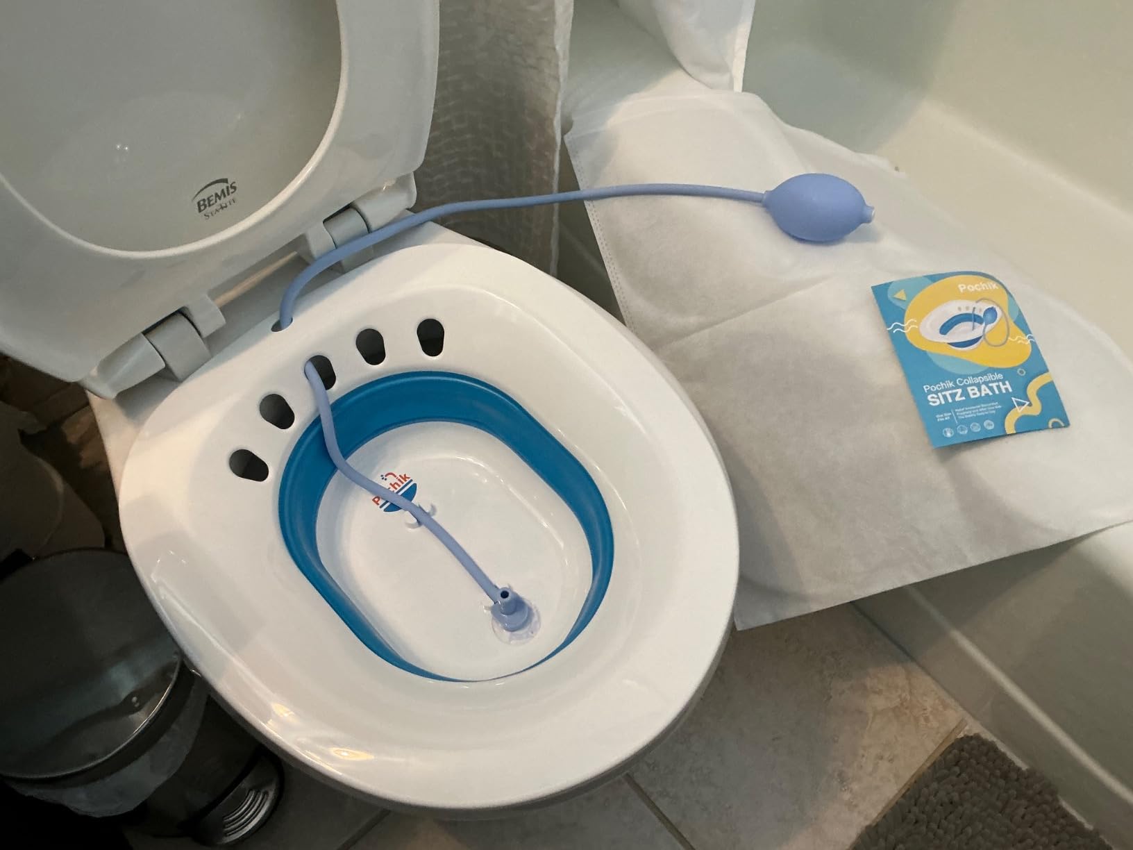 Pochik Sitz Bath for Toilet Seat Hemorrhoids and Postpartum Care, Yoni Steam Seat, Perineal Soaking, Collapsible, Flusher Hose, Drain Holes, Wider Seating Area - Blue customer photo 2
