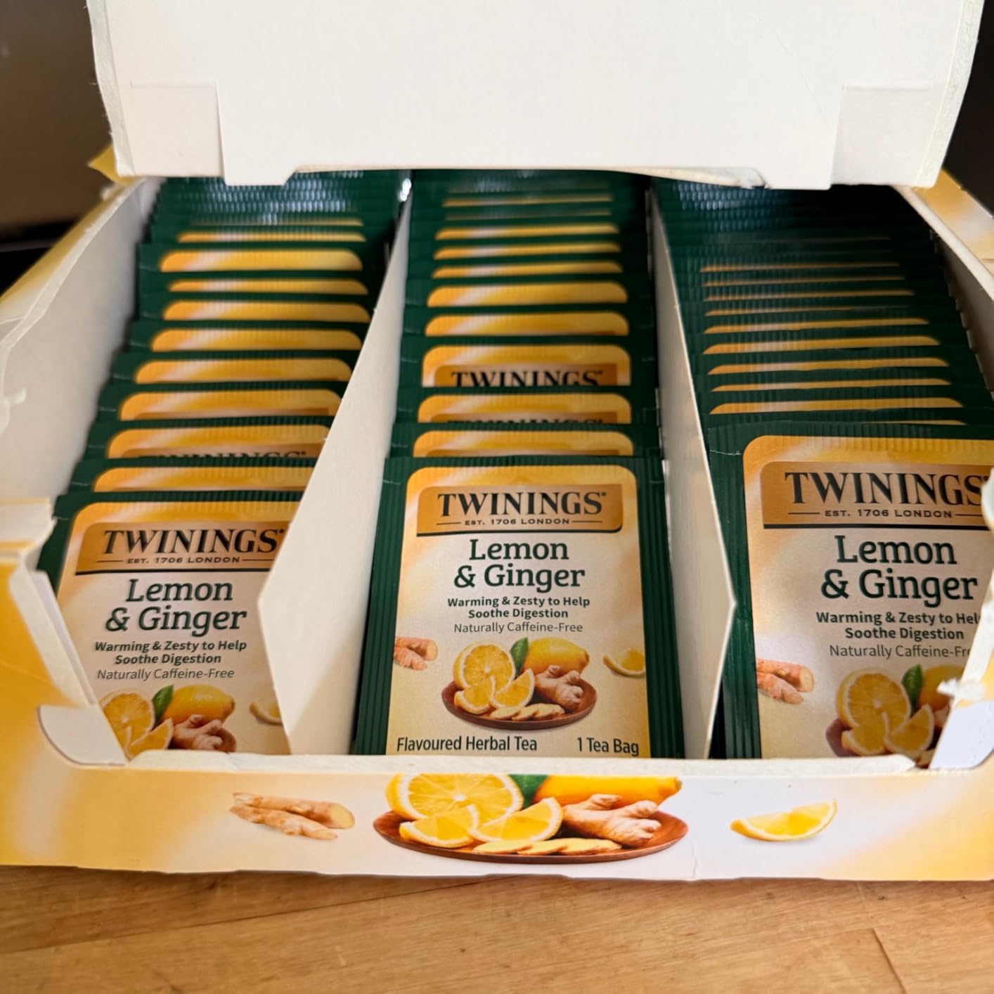 Twinings Lemon & Ginger Herbal Tea Individually Wrapped Bags, 100 Count (Pack of 1), Tangy Lemon, Spicy Ginger, Naturally Caffeine-Free, Enjoy Hot or Iced, 100 Teabags customer photo 2