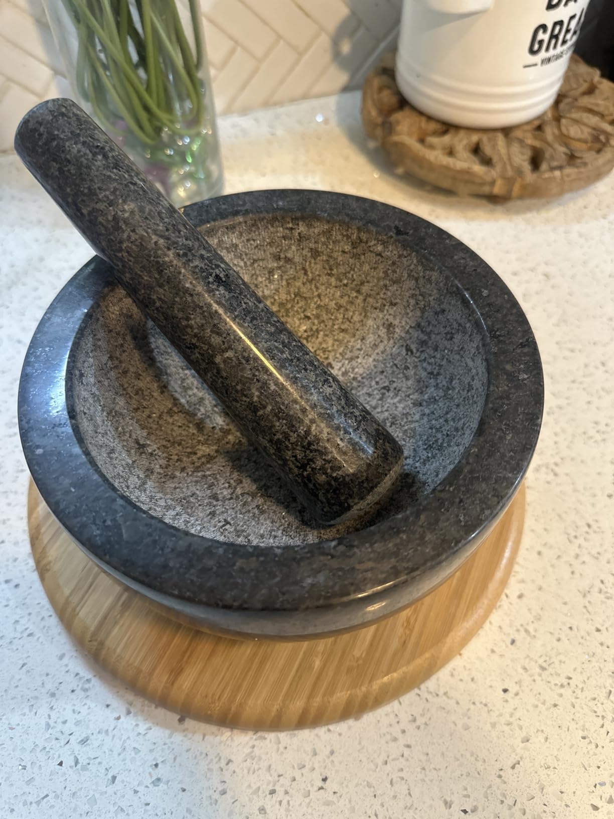 PriorityChef Mortar and Pestle Set, Heavy Duty Natural Granite, Make Fresh Guacamole at Home, Solid Stone Grinder Bowl, Herb Crusher, Spice Grinder, 1.5 Cup Size, Unpolished Grey customer photo 1