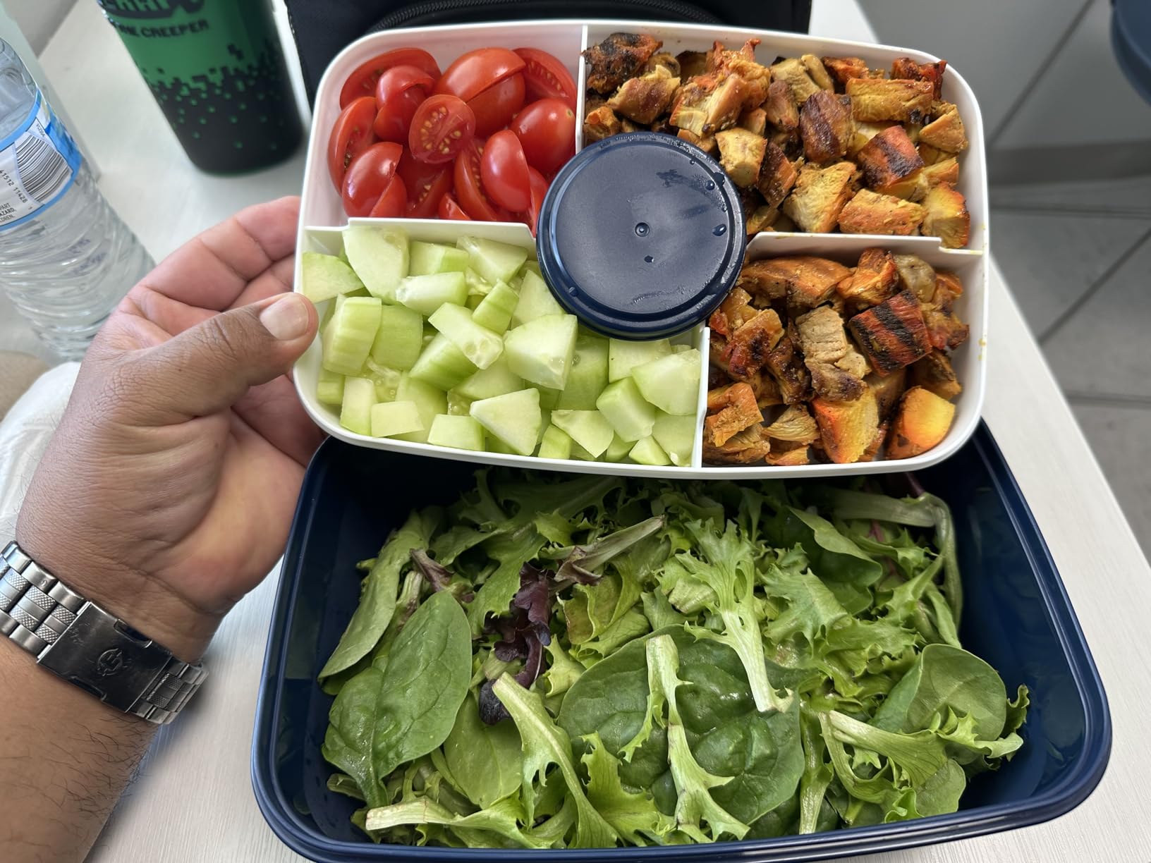 Caperci Large Salad Container Bowl for Lunch - Better Adult Bento Lunch Box 68 oz, 5-Compartment Tray, 2pcs 3-oz Sauce Cups, Stackable, BPA-Free (Navy) customer photo 2