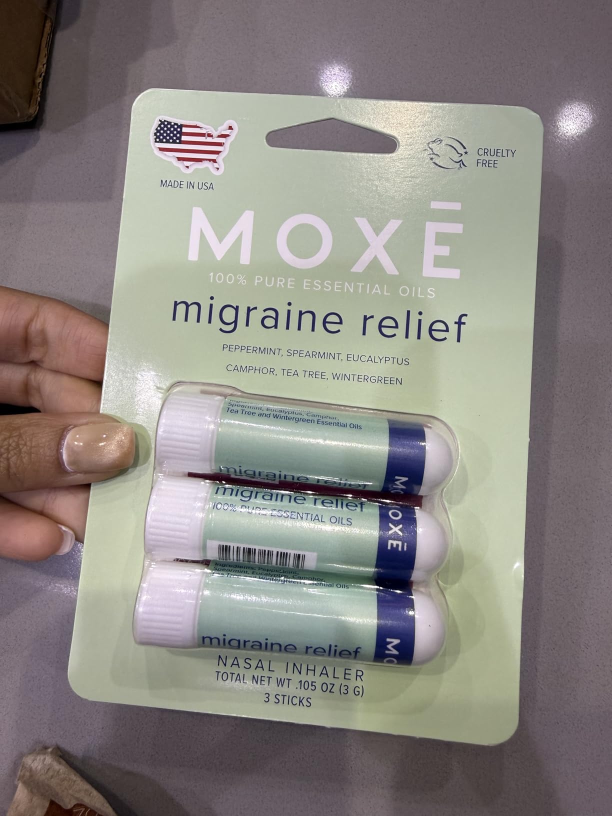 MOXE Migraine Relief Nasal Inhalers, Essential Oils for Headaches & Tension Relief, Portable Aromatherapy, Easy-to-Use, Pure & Undiluted, Peppermint, Spearmint, Eucalyptus, Tea Tree, USA Made, 3 Pack customer photo 1