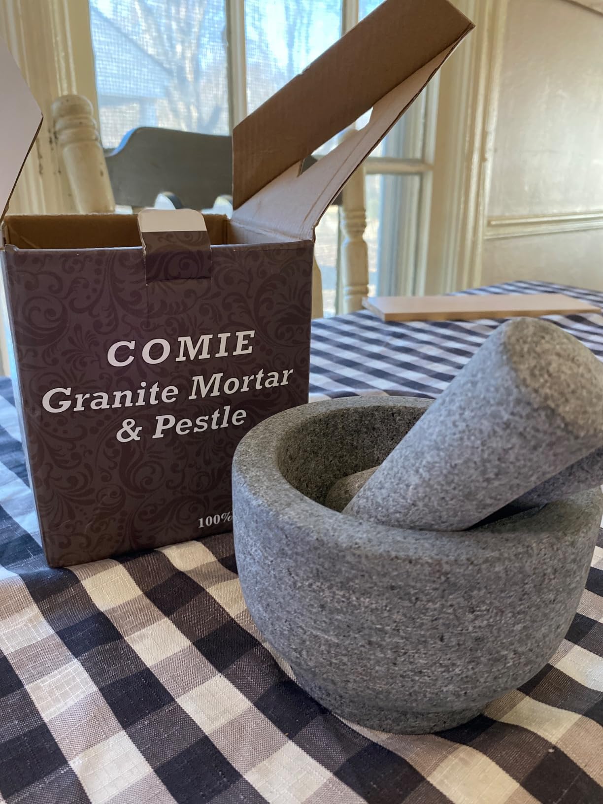 Comie Mortar and Pestle Set,Heavy Duty,Unpolished Granite,8Inch-5Cup Capacity,Grinder for Spices and Seeds,Grinding,Crushing and Mashing Spices,Nuts,for Guacamole,Garlic Sauce,Gray. customer photo 1