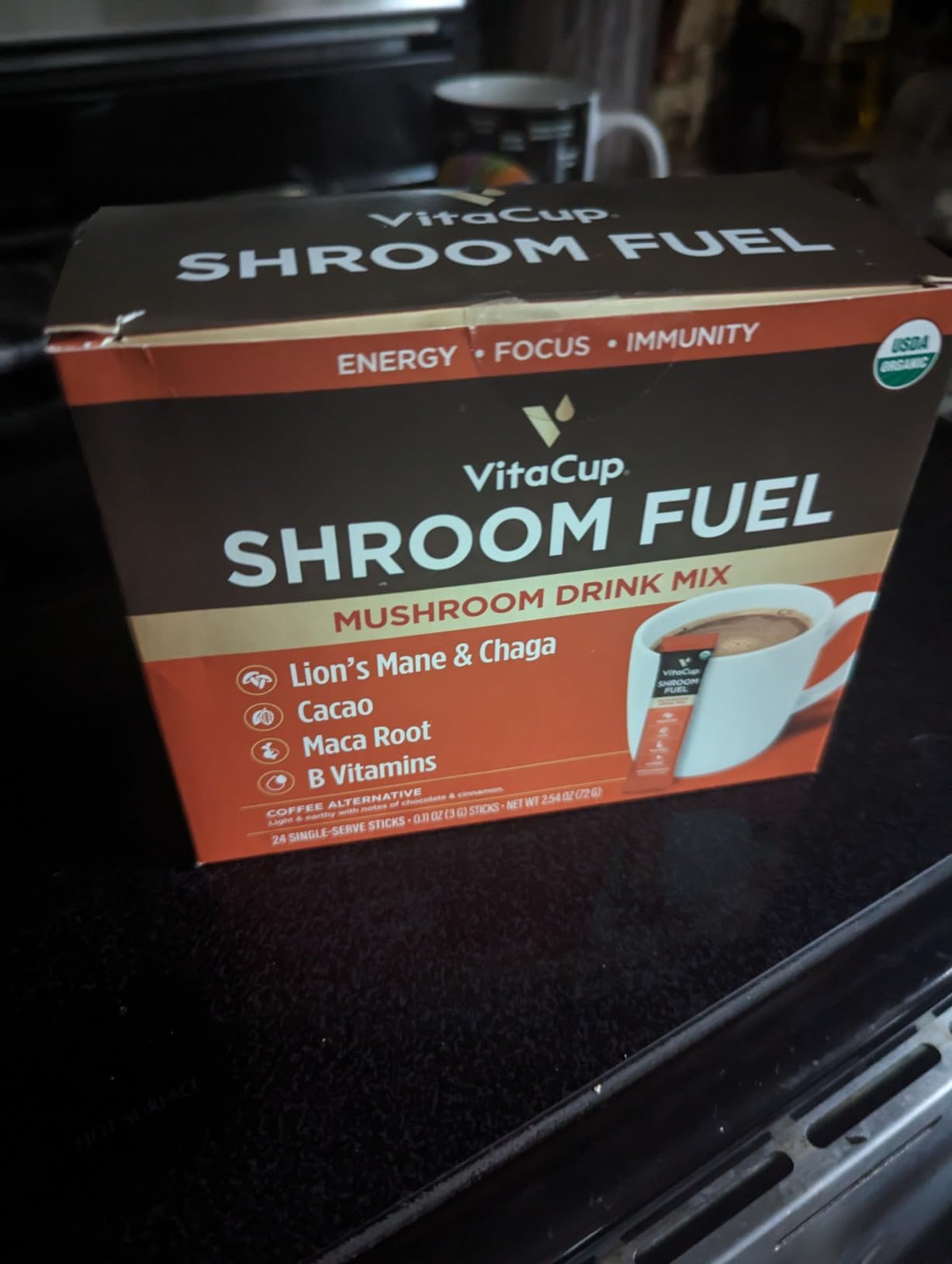 VitaCup Shroom Fuel, Mushroom Based Instant Coffee Alternative Packets, Mushroom Coffee Substitute w/Cacao, Cinnamon, Chaga, Lions Mane, & Maca for Energy, Immune Support, & Focus, 24ct customer photo 1