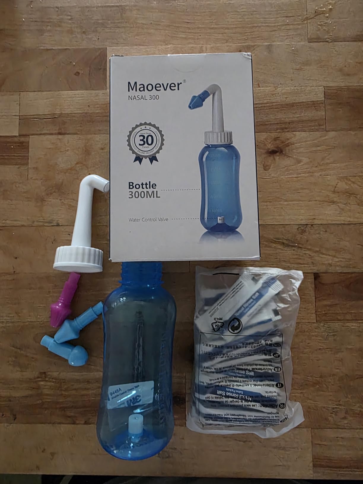 Neti Pot Sinus Rinse Bottle Nose Wash Cleaner Pressure Rinse Nasal Irrigation for Adult & Kid BPA Free 300 ML with 30 Nasal Wash Salt Packets and Sticker Thermometer customer photo 1