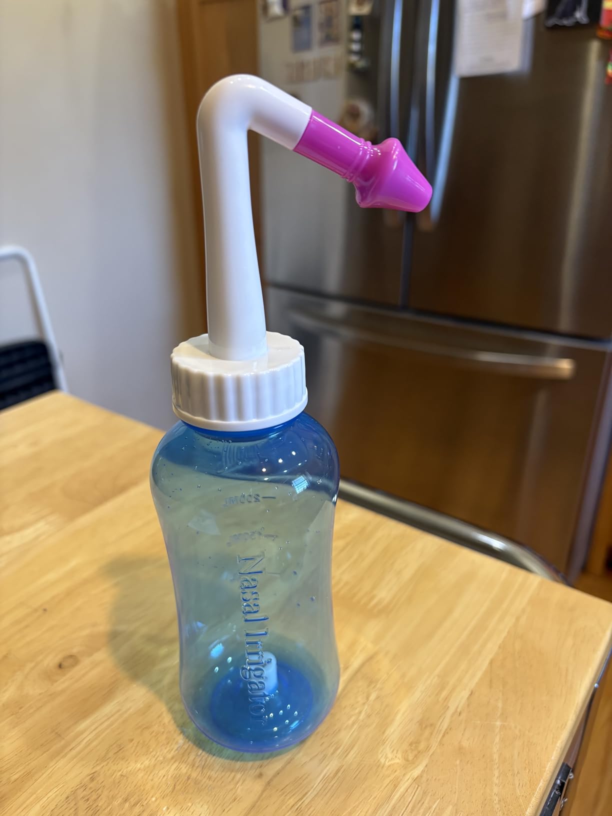 Neti Pot Sinus Rinse Bottle Nose Wash Cleaner Pressure Rinse Nasal Irrigation for Adult & Kid BPA Free 300 ML with 30 Nasal Wash Salt Packets and Sticker Thermometer customer photo 2